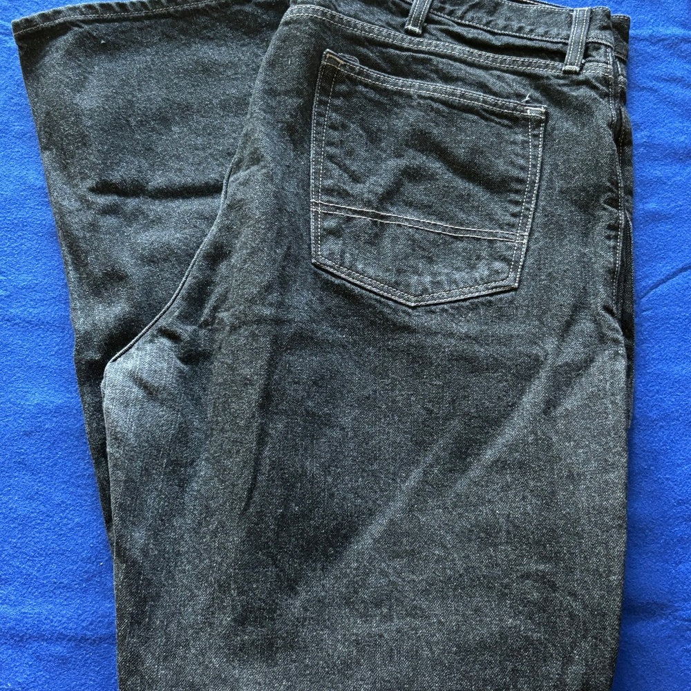 Men's Black 5 pocket Straight leg jeans; size: 42 x 34; loose fit